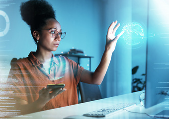 Image showing World hologram, 3d web overlay and business woman with phone in a office looking at data. Fintech, global and futuristic information technology work of a trading worker with digital and crypto ux