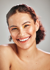 Image showing Beauty makeup, face portrait and happy woman with luxury cosmetics eyeshadow, healthy skincare glow or self care. Facial cosmetology, spa salon and aesthetic model smile isolated on studio background