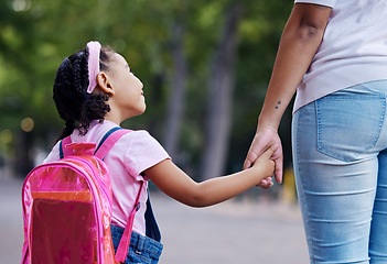 Image showing Back, mother and girl holding hands, school and education for learning, bonding or talking. Knowledge, mama or daughter walking, conversation or support for child development, kindergarten and care