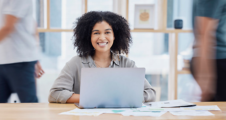 Image showing Portrait, happy or business woman with laptop in office for motivation, inspiration or vision with a smile. Manager, leader or employee with tech for innovation, strategy and future success planning