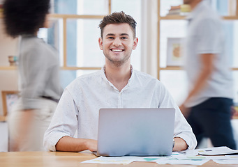 Image showing Portrait, happy or business man with laptop in office for motivation, inspiration or vision with a smile. Manager, leader or employee with tech for innovation, strategy and future success planning