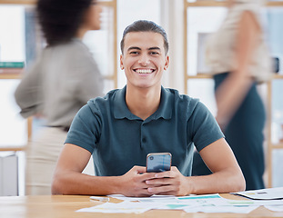 Image showing Planning, busy office and person on a phone communication, email management or social media startup. Happy worker, man portrait or employee smile and working on smartphone, chat app in fast workplace