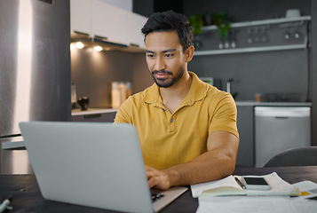 Image showing Man, remote work and laptop with typing, copywriter writing article with internet research with wifi in apartment. Copywriting, creative and SEO, digital marketing worker with pc and connectivity