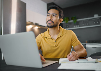 Image showing Laptop, writing and thinking with a freelance man doing remote work from home on research in his small business startup. House, computer and notes with a male entrepreneur working in his house