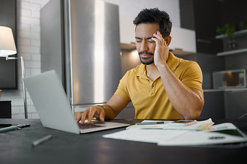 Image showing Laptop, kitchen or businessman with stress headache over feedback review of social media, customer experience or ecommerce website. Documents, mental health or remote worker analysis of online survey