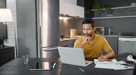 Image showing Laptop, writing and idea with a freelance man doing remote work from home on research in his small business startup. Internet, computer and notes with a male entrepreneur working in his house