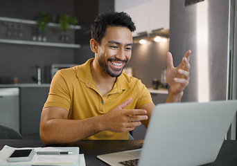 Image showing Home, remote work and web meeting of a freelance man employee talking on a online webinar. Video call, conversation and business communication of a person on technology in a house kitchen happy