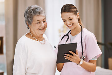 Image showing Tablet, healthcare and nurse with senior woman for digital help, support or wellness check, data and results together with smile. Happy elderly patient in communication with medical worker or doctor