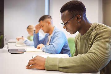 Image showing Black man, students and studying for education, knowledge and focus for exams, campus and intelligent. African American male, student and young people on university, concentration and research notes