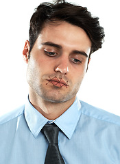 Image showing Portrait of man with mouth sewn shut, mental health and silence isolated on white background. Victim censorship, depression and abuse, businessman and mens health narrative stitched lips in studio.