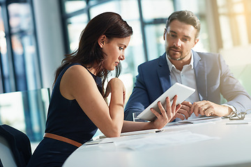 Image showing Business people, tablet and conversation planning marketing strategy, digital research or web design management in office. Teamwork web discussion, tech device and ux designer ideas conversation