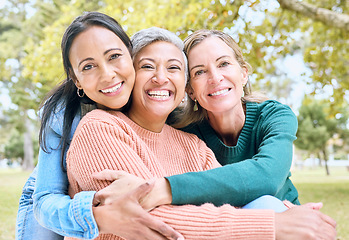 Image showing Retirement, women or bonding hug for portrait profile picture, social media or lifestyle freedom blog in relax environment. Smile, happy or elderly senior friends in nature park, garden or community