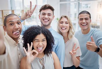 Image showing Peace sign, thumbs up and selfie of business people in office. Comic face, portrait or group of friends or workers with tongue out and hand gestures, taking pictures for social media or happy memory