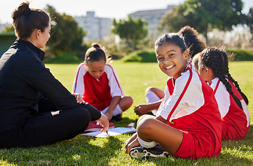 Image showing Soccer coaching, planning strategy or girl portrait for sports competition, game and tactical training on outdoor field. Football player manager, teamwork or paper formation, goals or learning sketch