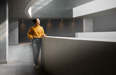 Image showing Thinking, mockup and apartment with an asian woman standing in a hallway alone waiting for inspiration. Idea, mock up and full body with an attractive young female in casual clothes at home