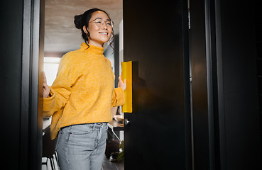 Image showing Entrance, creative and Asian woman opening a door to an office at a graphic design startup company. Vision, happy and Japanese designer at a workspace with an idea, motivation and inspiration