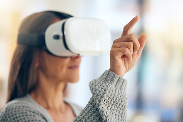 Image showing Woman, virtual reality and streaming in home, futuristic tech and internet gaming with ai headset. Vr, 3d innovation and digital transformation, cyber metaverse or video game online experience