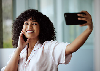 Image showing Selfie, beauty and skincare with a black woman taking a picture in the bathroom of her home in the morning. Facial, phone and influencer with an attractive female posing for a social media photograph