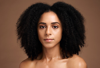 Image showing Face, skincare and afro with a model black woman in studio on a brown background for natural beauty. Portrait, cosmetics and hair with an attractive young female posing to promote a cosmetic product