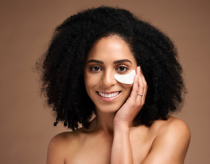 Image showing Beauty, skincare and eye mask with face of black woman for facial, product and spa treatment. Collagen, self care and luxury with girl model and eye patches for wellness, cosmetics and dermatology