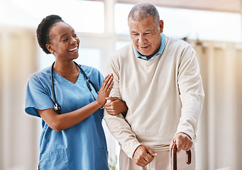 Image showing Help, support and medical with nurse and old man and cane for retirement, rehabilitation or healing. Empathy, physical therapy and healthcare with patient and walking stick in caregiver nursing home