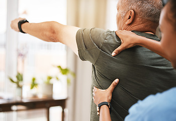 Image showing Shoulder pain, physiotherapist woman and senior man in physical therapy, muscle or arthritis exercise support in consulting exam. Physiotherapy, chiropractor and healthcare rehabilitation of patient