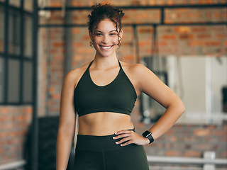 Image showing Fitness portrait, exercise and happy woman at gym for a workout, training and body motivation at health club. Face of sports or athlete female happy about performance, progress and healthy lifestyle