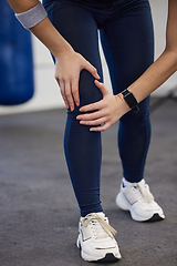 Image showing Woman, fitness legs and knee pain in gym for wellness injury, exercise training and medical accident. Athlete workout, joint pain and cardio sports emergency, bone arthritis or body muscle tension