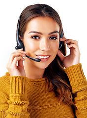 Image showing Call center, consultant and portrait of woman isolated with smile and communication on white background. Telemarketing, crm and girl in headset at help desk for customer service phone call in studio.