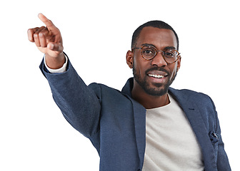 Image showing Businessman, portrait or pointing hand in directions, order or instruction on isolated white background. Smile, happy worker or creative designer with showing finger, hand gesture or mockup backdrop