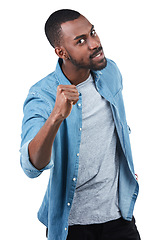 Image showing Portrait, fist and warning with a black man in studio isolated on a white background ready for a fight or conflict. Hand, serious and threat with a young male on blank space to warn or threaten