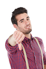 Image showing Thumbs down, man and portrait of a person showing negative, fail and no hand sign. White background, geek and hands of a male with loser and negative hand gesture of a nerd isolated in a studio