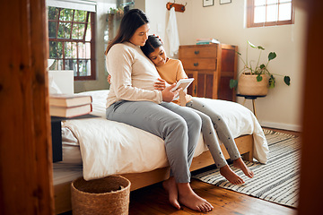 Image showing Pregnant mom, tablet and girl in a bedroom bonding with cartoon streaming or knowledge development. Kids app, happy mama and relax child on a bed with mother love and care learning on the web at home