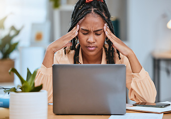 Image showing Black woman, headache and depression with laptop while tired in home office of studying or working. Entrepreneur person stress, burnout and exhausted with fatigue for remote work and startup business