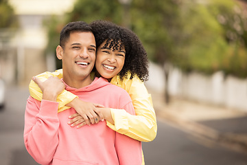 Image showing Black couple, smile and hug portrait of young people with love, care and bonding outdoor. Happy woman, man and summer fun of people on a street walking with happiness on vacation smiling together