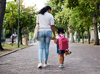 Image showing Mother, child and walking with backpack holding hands to school for safety at the outdoor park. Mom with little girl or daughter having a walk together for safe travel, trip or care for childhood