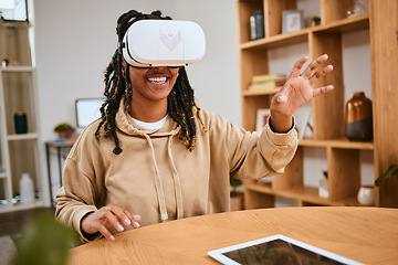 Image showing Virtual reality, vr metaverse or happy woman touch cyber ui dashboard, augmented reality or future ai. Digital transformation, futuristic software study or creative black student working with headset