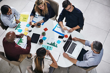 Image showing Meeting, discussion and top view of a team planning in a company report or proposal in the office. Teamwork, diversity and marketing employees working on a creative project together in the workplace.