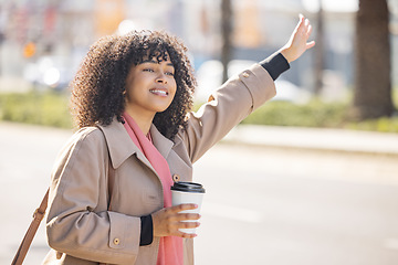 Image showing Taxi, coffee and commute with a business black woman calling or hailing a cab outdoor in the city. Street, travel and transport with a female employee commuting via ride share in an urban town