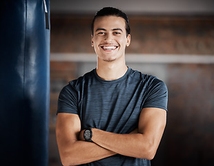 Image showing Man, smile portrait and fitness in gym for exercise workout, boxing training and sports wellness mindset. Happy athlete, personal trainer success and relax happiness for cardio lifestyle in club