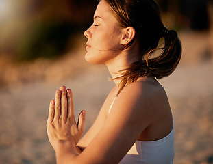 Image showing Yoga meditation, prayer hands and profile of woman outdoors for health and wellness. Zen chakra, pilates fitness and female yogi with namaste hand pose for praying, training and mindfulness exercise.