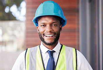 Image showing Portrait, engineer and black man with helmet, smile and construction planning. Architect, African American male or employee with idea for new building, safety hard hat and protection for architecture