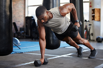 Image showing Black man, fitness and muscle training with dumbbells in gym, exercise with balance and strong athlete, push up and focus. Sports, bodybuilder power and wellness with health and active lifestyle