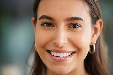 Image showing Portrait, beauty and skincare with a woman, happy inside with a nose ring peircing and smile on her face. Skin, cosmetics and luxury with an attractive young female smiling for a facial product