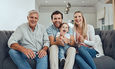 Image showing Mother, father and child with grandfather on sofa, generations of family together in living room. Love, home and portrait of parents with baby and grandpa relax and smile on couch in home apartment.