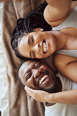 Image showing Selfie, love and black couple portrait in bedroom happy and funny while laughing on bed at home or hotel. Top view smile of a man and woman in marriage with commitment and happiness for social media