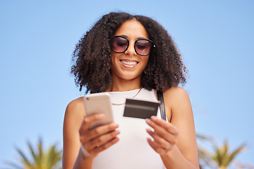 Image showing Brazil, phone or woman with credit card for online shopping payment, fintech or ecommerce app outdoor. Happy, mobile or girl with smile for digital banking, website store purchase or internet trading