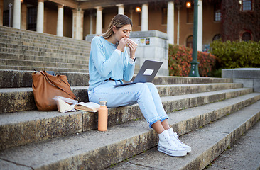 Image showing College, study and food with woman and laptop for education, lunch break and academy research. University, knowledge and goal with girl student and sandwich on stairs of campus for relax and learning