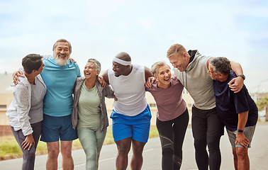 Image showing Fitness, senior group of people and smile outdoor together for exercise motivation, retirement health support and diversity on training workout. Elderly athletes, happiness hug and sports friends