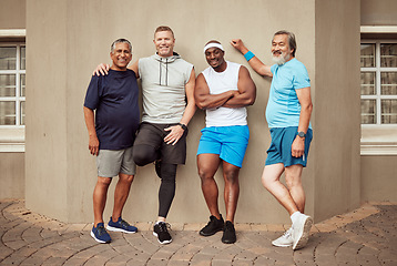 Image showing Happy men, fitness portrait and group exercise on wall background in urban city. Smile, sports training and male friends with motivation for workout, wellness support and energy for healthy lifestyle
